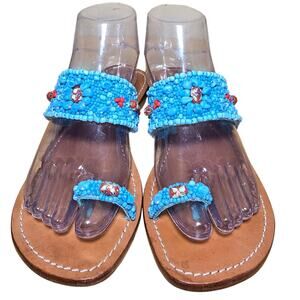 Excellent Condition Mystique Turquoise Beaded Leather Sandals Suede Lining Sz 7